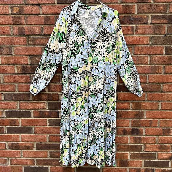H&M Collared Floral Dress Long Sleeve Black, Blue Prairie Cottage Core Small - Picture 2 of 8